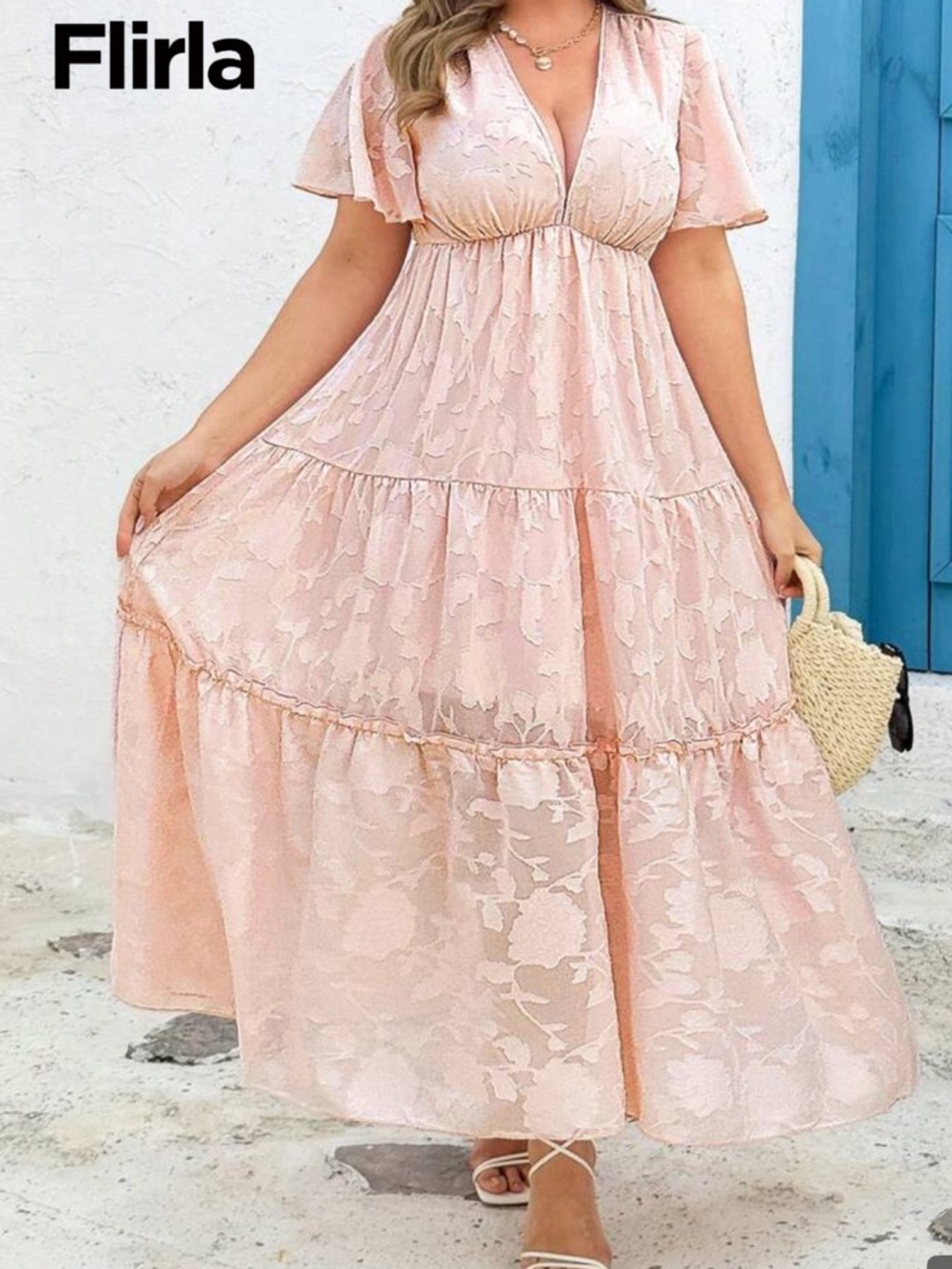 SHEIN Blush Pink Tiered Midi Dress with Flutter Sleeves - Picture 4 of 7